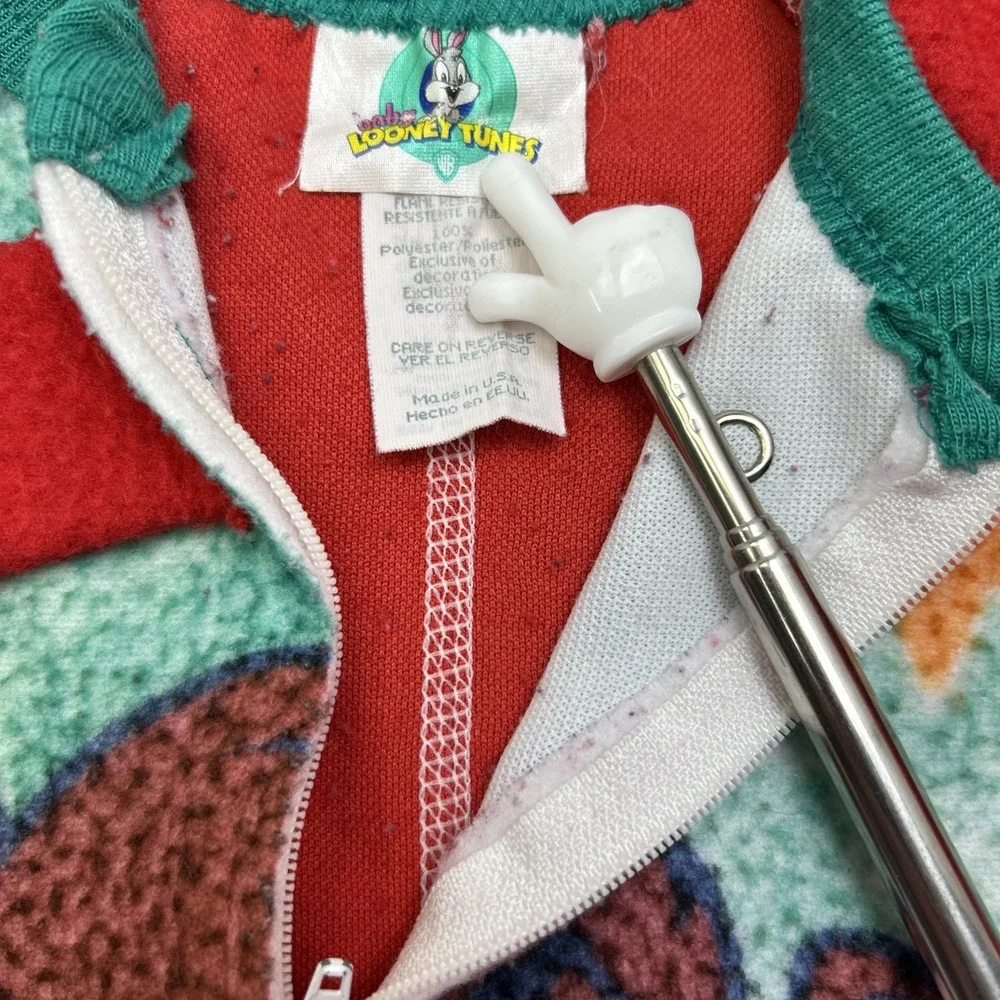 VTG 90s Looney Tunes Baby Taz 3T Fleece Sleeper Romper Red One Piece Outfit‎ USA